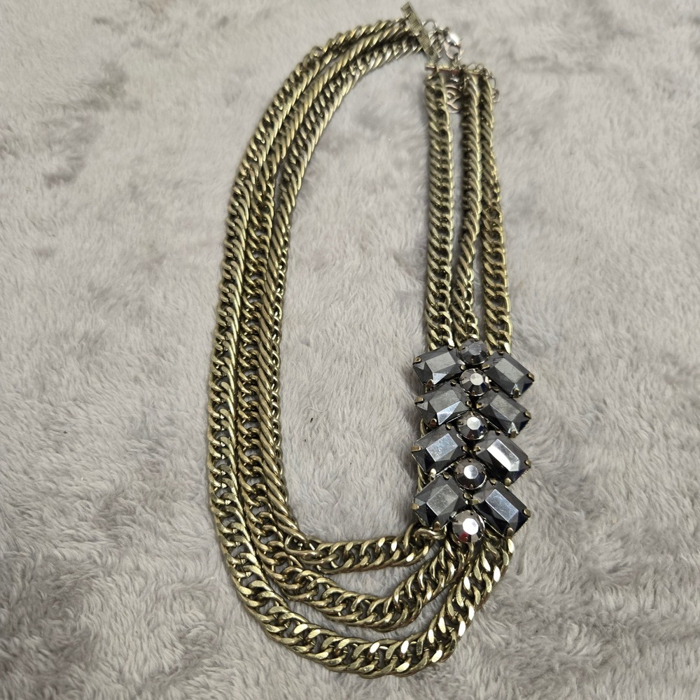 Erica Lyons Antiqued Brass Tone Triple Strand Curb Chain Hematite Stone Necklace